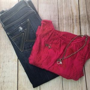 7 jeans and a pink blouse